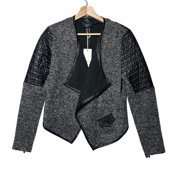 Vici Asymmetrical Jacket Cardigan Sweater Bolero Tweed Faux Leather Sz S Moto - Picture 1 of 15